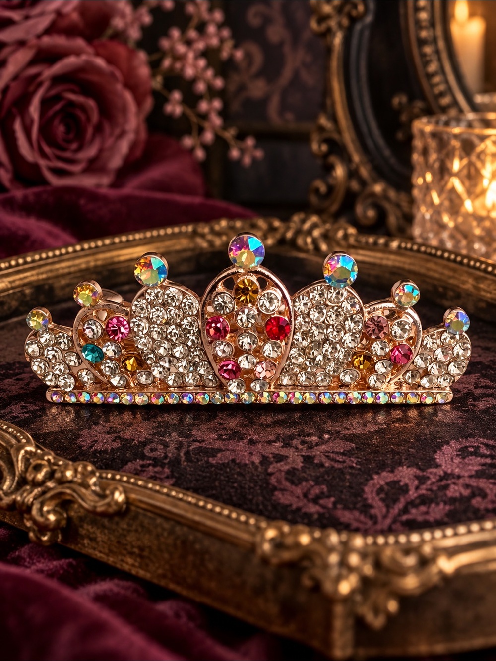 Crystal Crown Tiara Barrette Rose Gold Multicolor Rhinestone Hair Clip